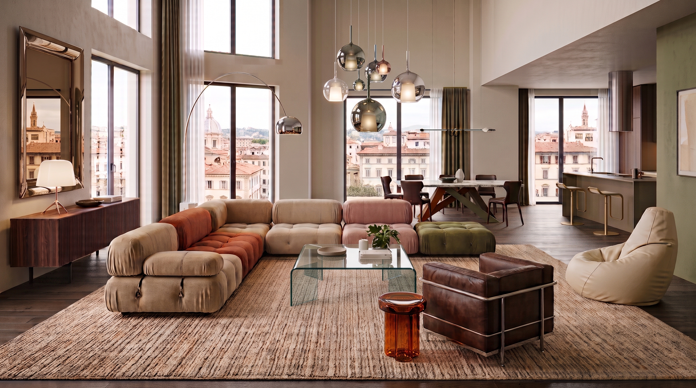 Luxury modern Italian living room at golden hour