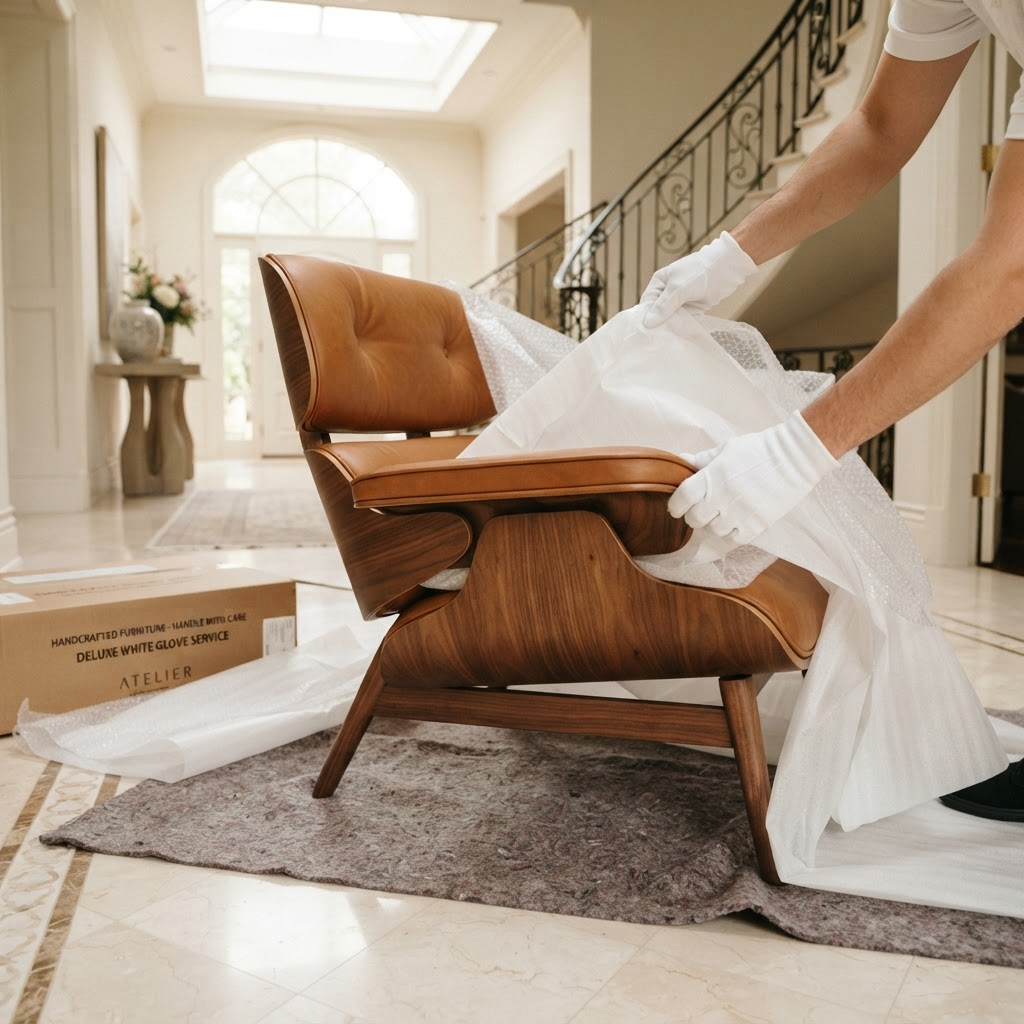 Premium white-glove furniture delivery being carefully unwrapped